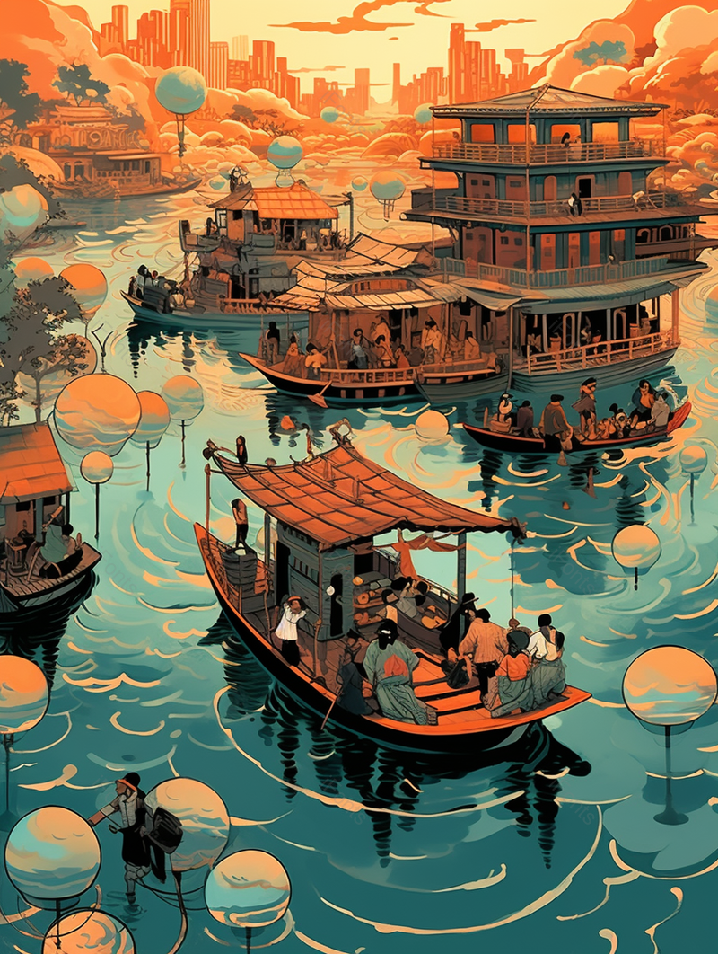 湖面上行驶的多艘船只热闹繁荣手绘插画背景,插画/手绘图,插画/手绘图库,插画/手绘图下载,插画/手绘